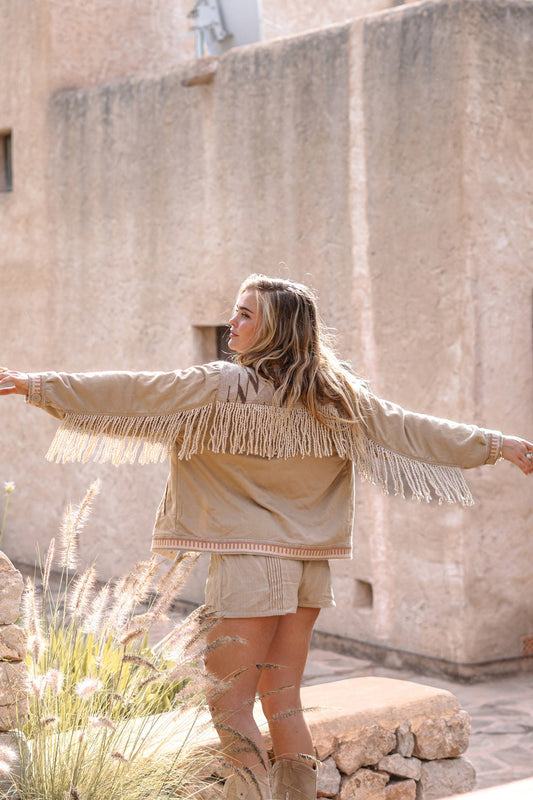 Short Fringe Jacket Nomad Combi Light Sand Plain