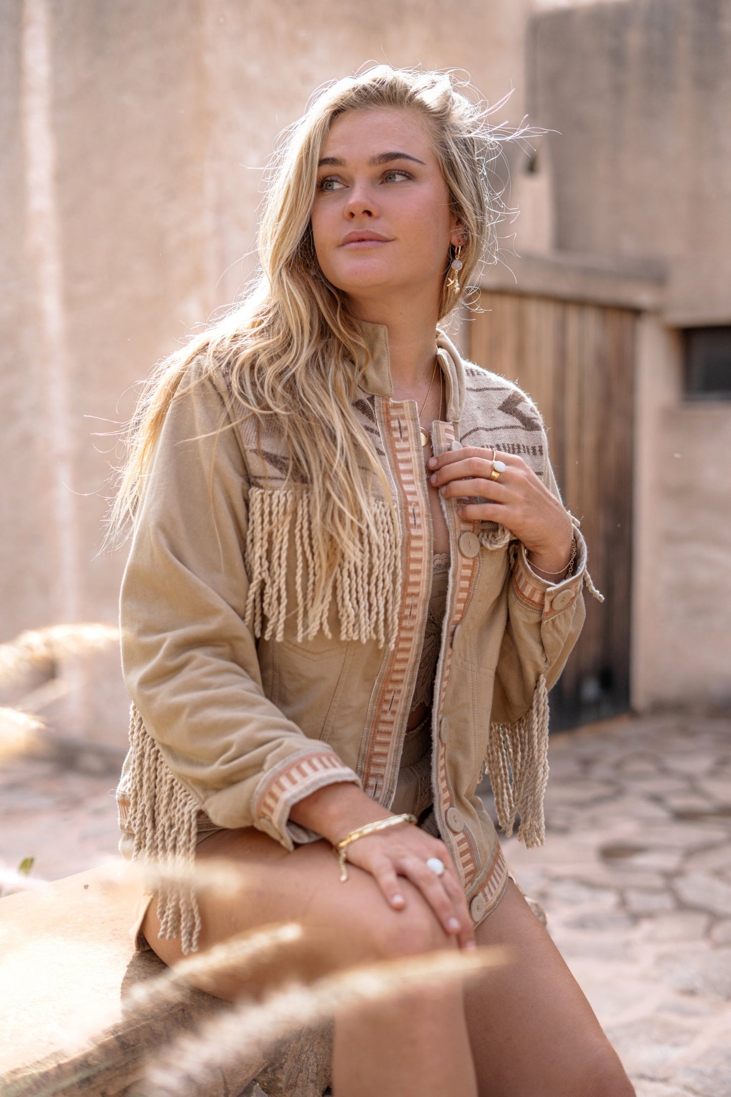 Short Fringe Jacket Nomad Combi Light Sand Plain