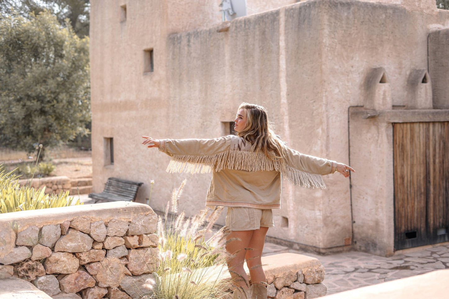 Short Fringe Jacket Nomad Combi Light Sand Plain